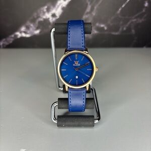 Olevs Blue Leather Strap Watch - Gold Case